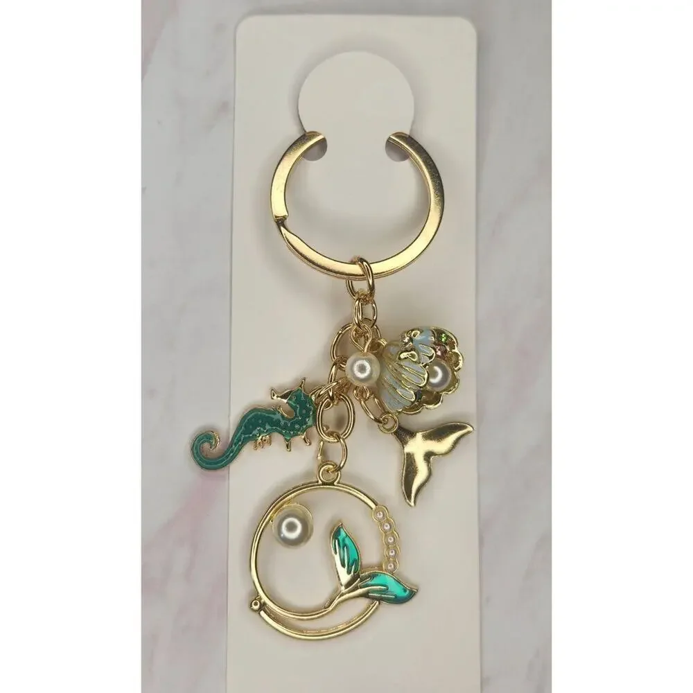 Mermaid Tail Bag Charm Keychain Seahorse Oyster Pearl Ocean Sea Green
